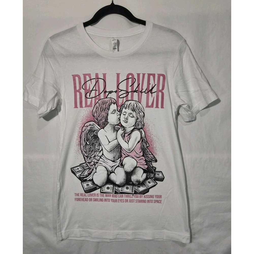 DopeSkill Graphic T-Shirt Mens Small White Real Lover Cherub Money Print Street